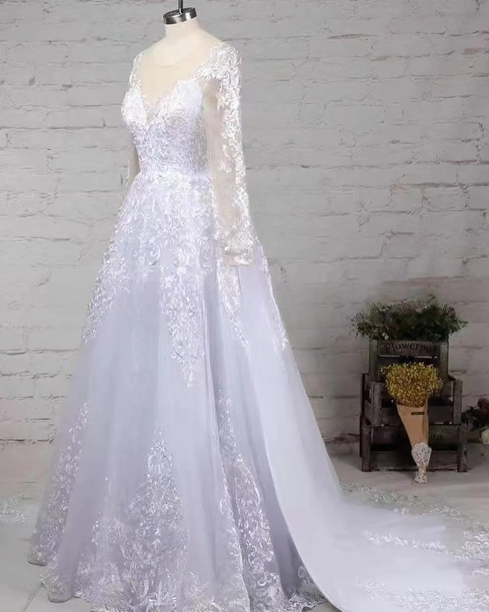 Ballbella Long Sleeves Scoop Wedding Dress Princess Lace Bridal Gown