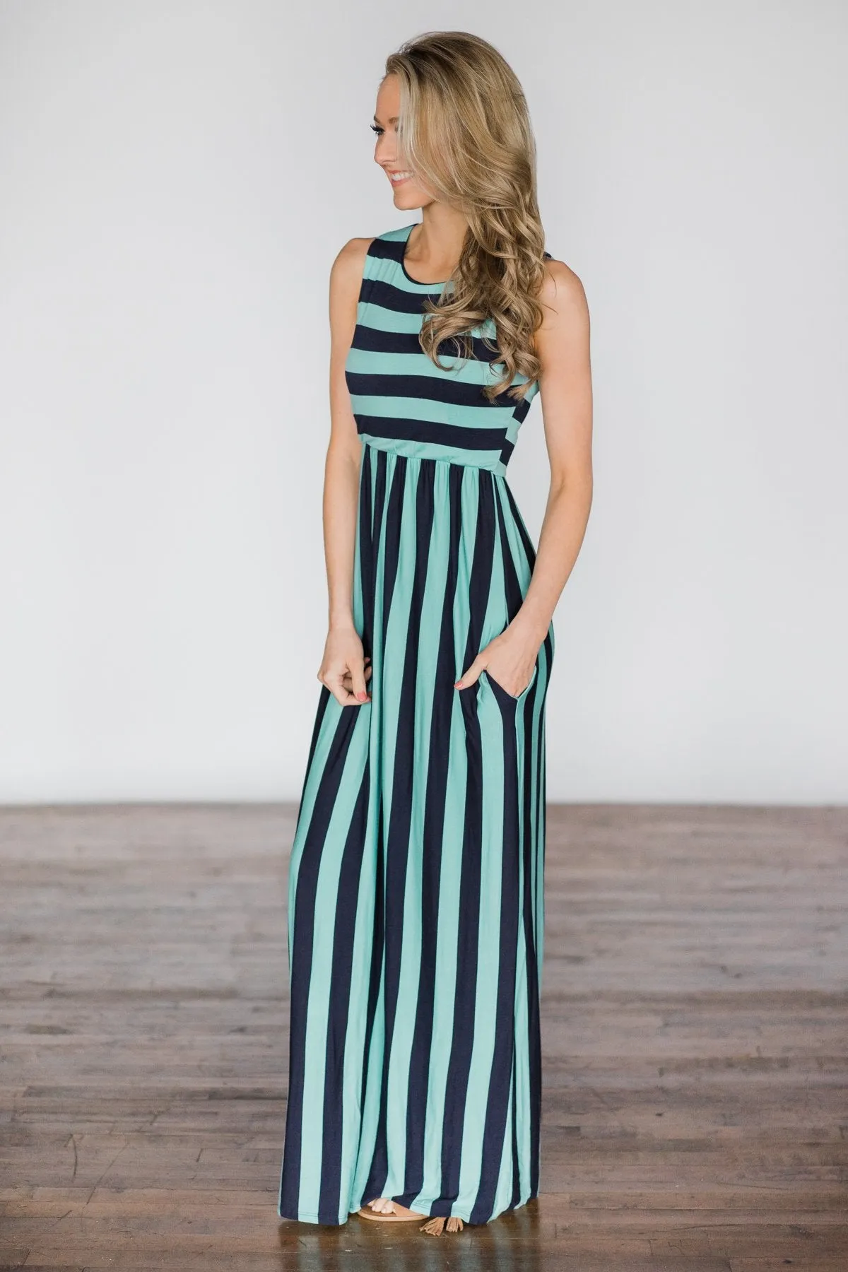 Beach Daze Striped Maxi Dress ~ Aqua & Navy