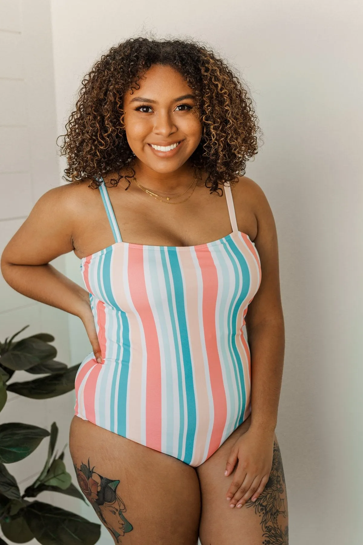 Beach Escape One Piece Swimsuit- Striped Multi-Color