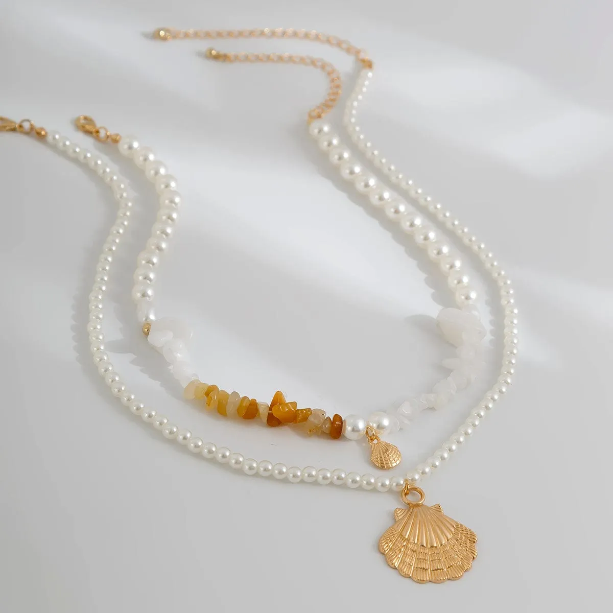 Beach Style Layered Shell Pendant Turquoise Stone Pearl Chain Necklace Set