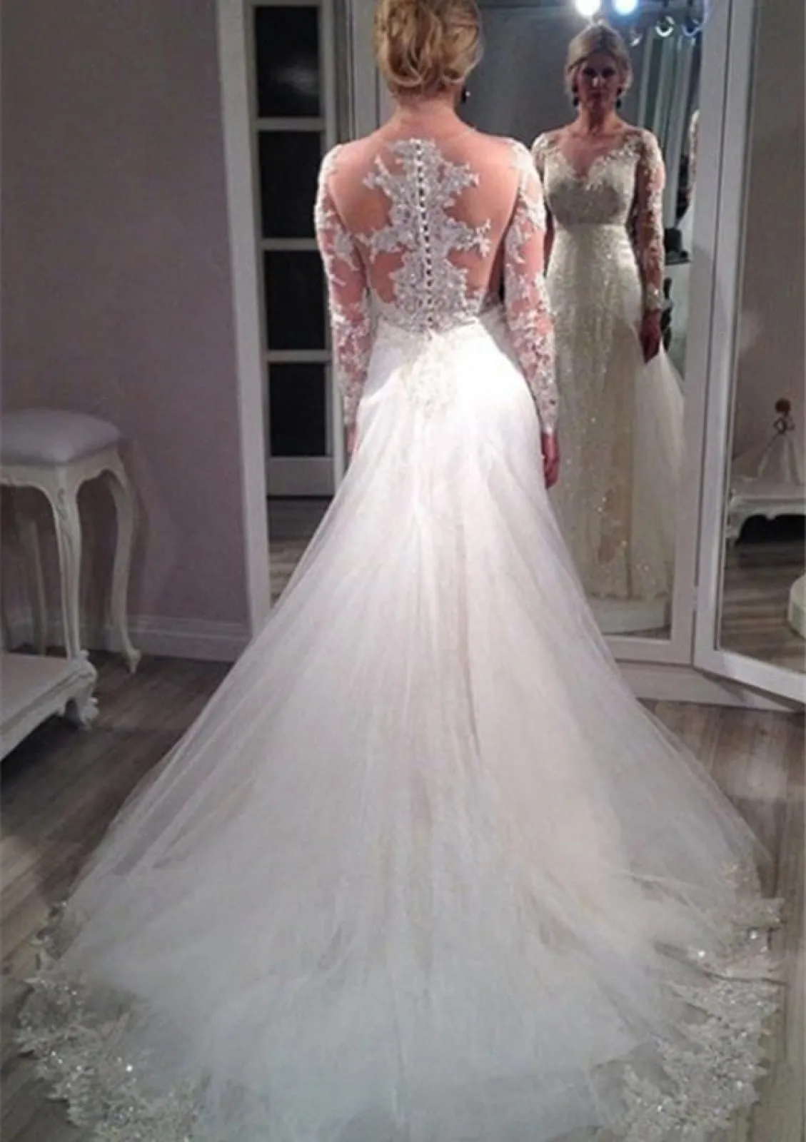 Beading Illusion Neck Long Sleeve Chapel Tulle Wedding Dress, Lace