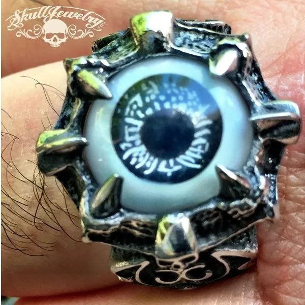 BLACK 'All Seeing Eye' Gothic Skull Dragon Claw Black Evil Eye Biker Ring (#287)