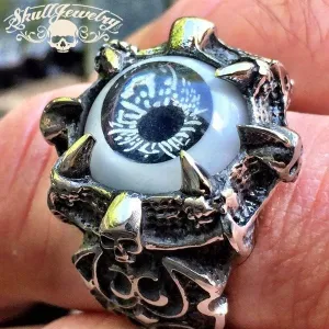BLACK 'All Seeing Eye' Gothic Skull Dragon Claw Black Evil Eye Biker Ring (#287)