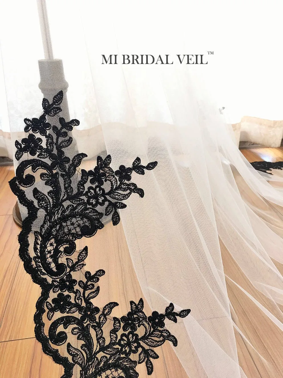 Black Cathedral Lace Veil, Lace from Knee, Mi Bridal Veil