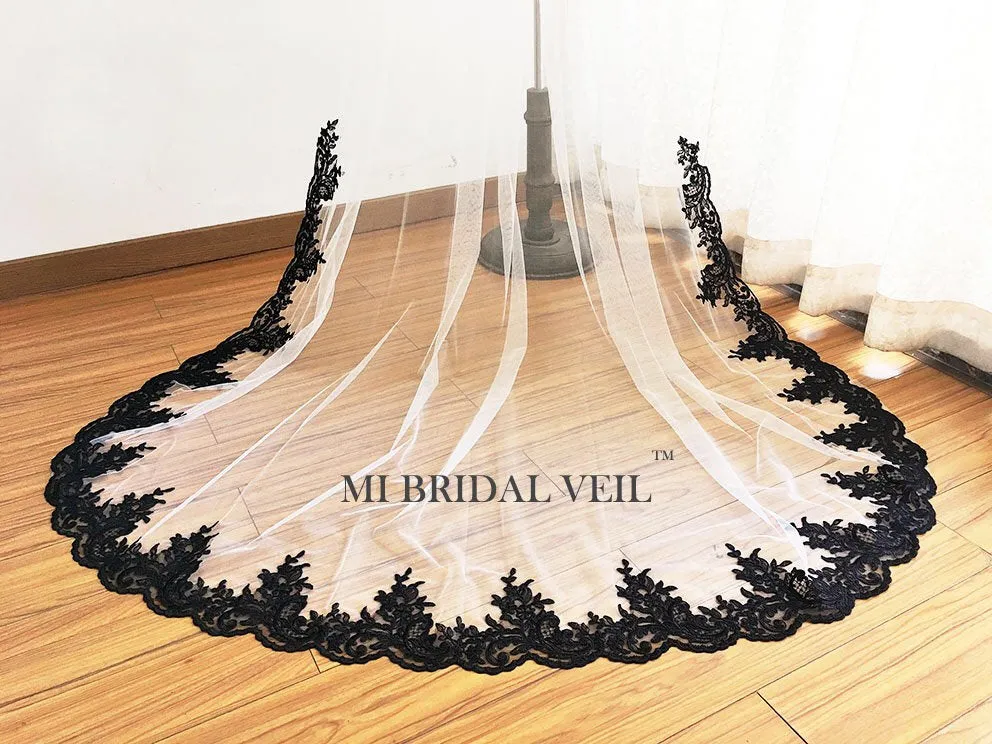 Black Cathedral Lace Veil, Lace from Knee, Mi Bridal Veil