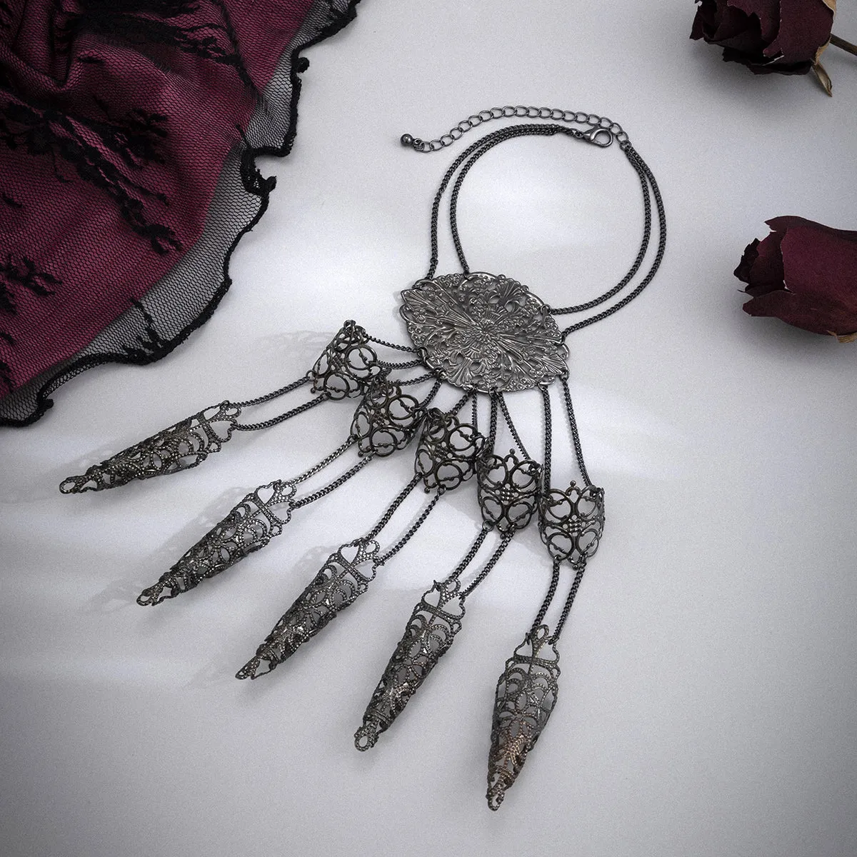 Black Filigree Full Hand Wrist-To-Ring Bracelet