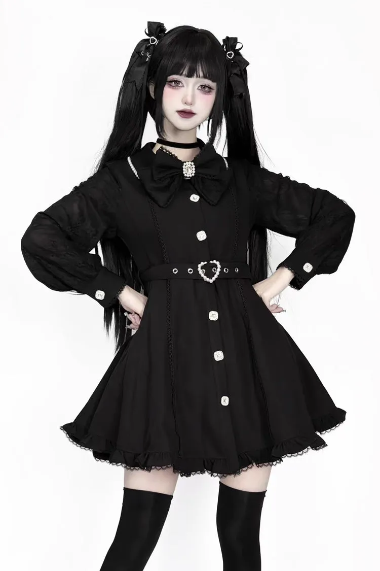 Black Long Sleeves Removable Cape Ruffle Lace Gothic Jirai Kei Elegant Dress