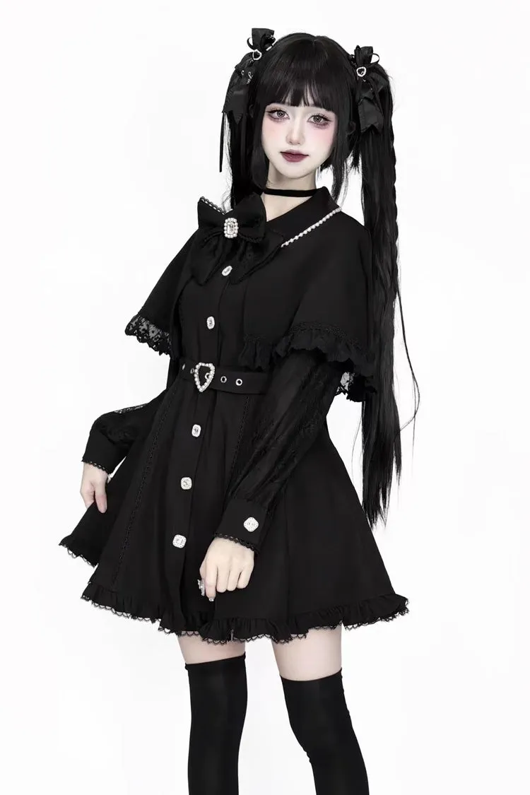 Black Long Sleeves Removable Cape Ruffle Lace Gothic Jirai Kei Elegant Dress