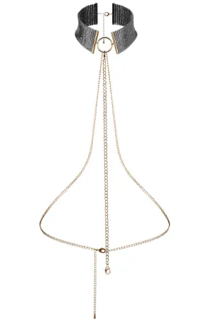 Black metallic choker with gold body harness chain