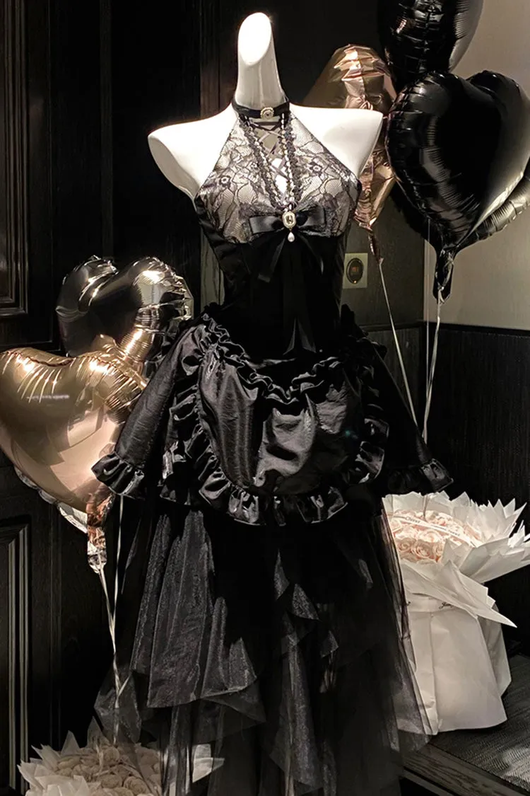 Black Ruffle Bowknot Lace Irregular Gothic Lolita Skirt Two-piece Set