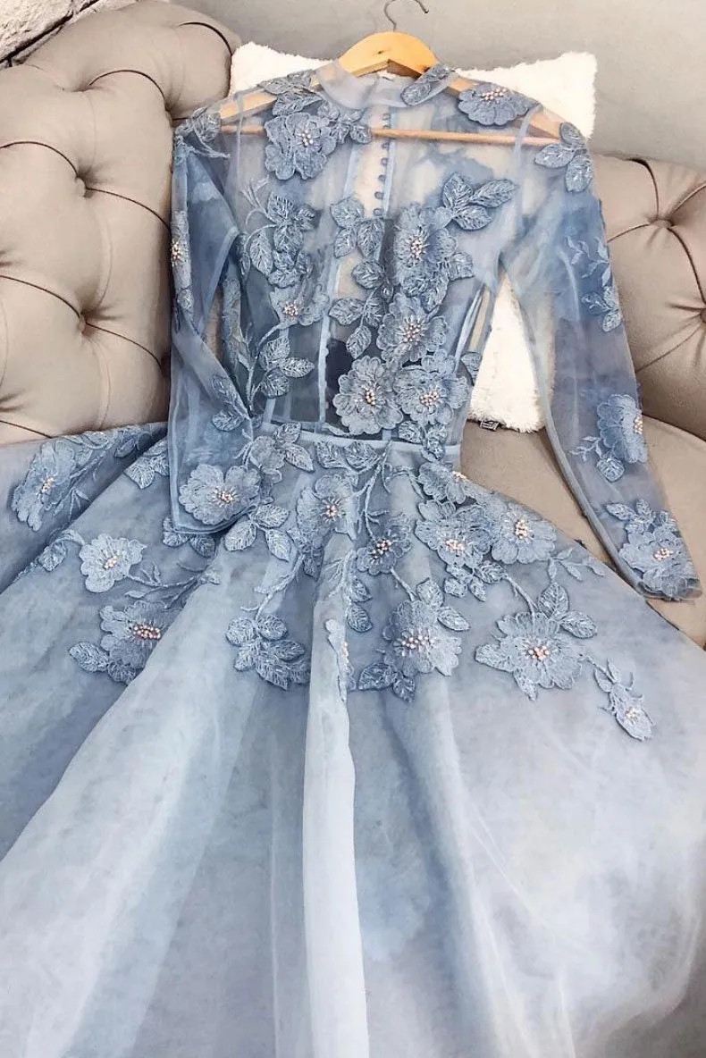 Blue lace tulle long prom dress, blue lace evening dress