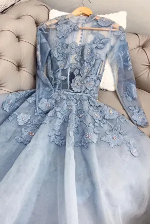 Blue lace tulle long prom dress, blue lace evening dress