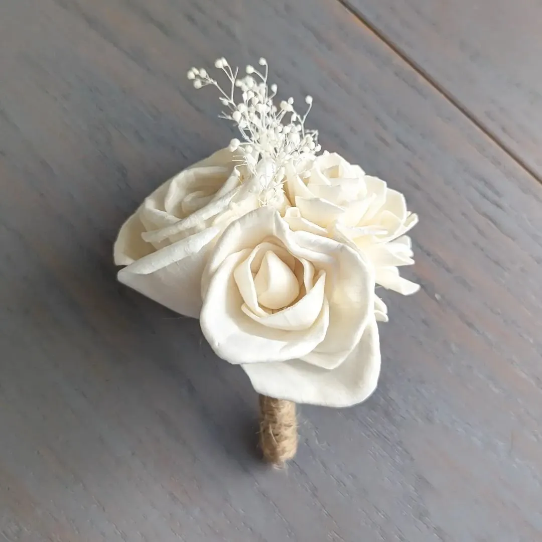 Boutonniere with All Ivory Roses and Baby's Breath Filler