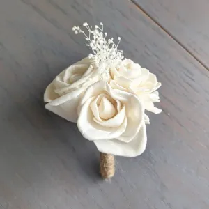 Boutonniere with All Ivory Roses and Baby's Breath Filler