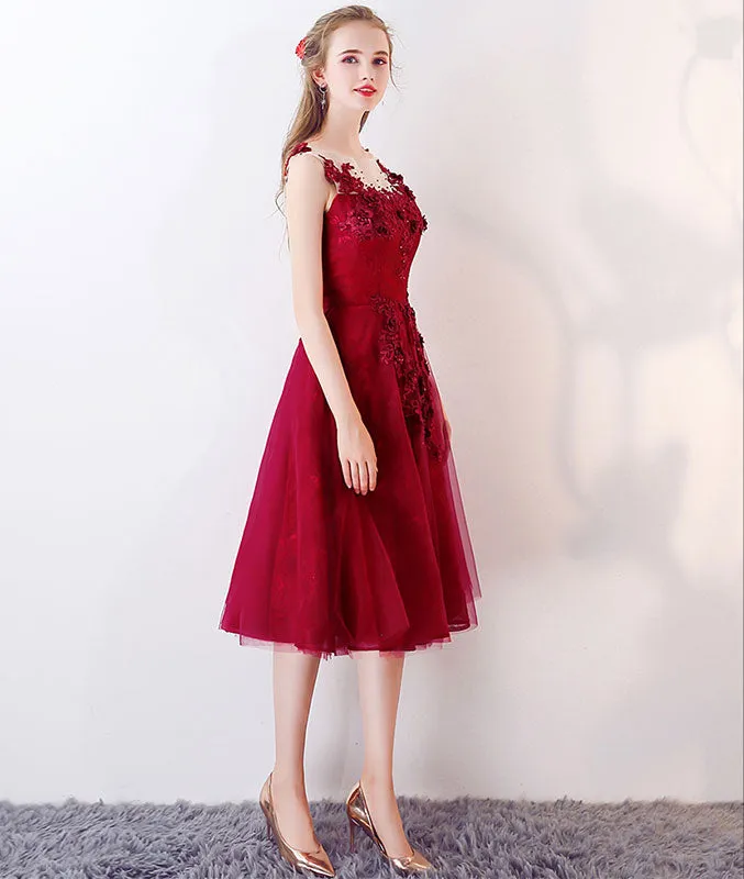 Burgundy tulle lace short prom dress, burgundy lace homecoming dress