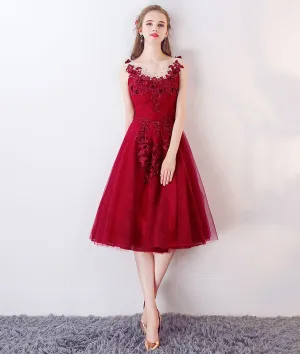 Burgundy tulle lace short prom dress, burgundy lace homecoming dress