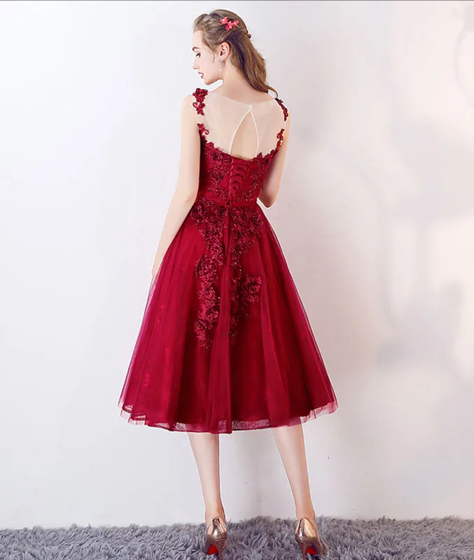 Burgundy tulle lace short prom dress, burgundy lace homecoming dress