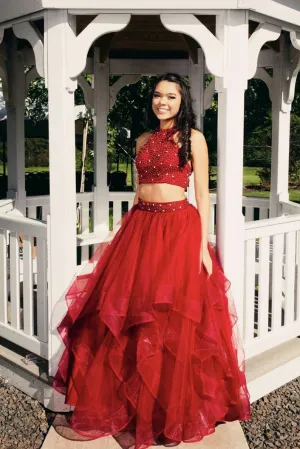 Burgundy two pieces tulle long prom dress, burgundy evening dress