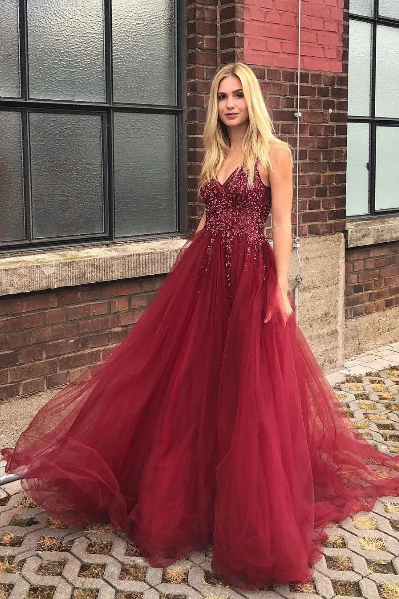 Burgundy v neck tulle beads long prom dress, burgundy evening dress