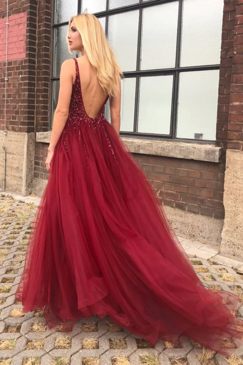 Burgundy v neck tulle beads long prom dress, burgundy evening dress