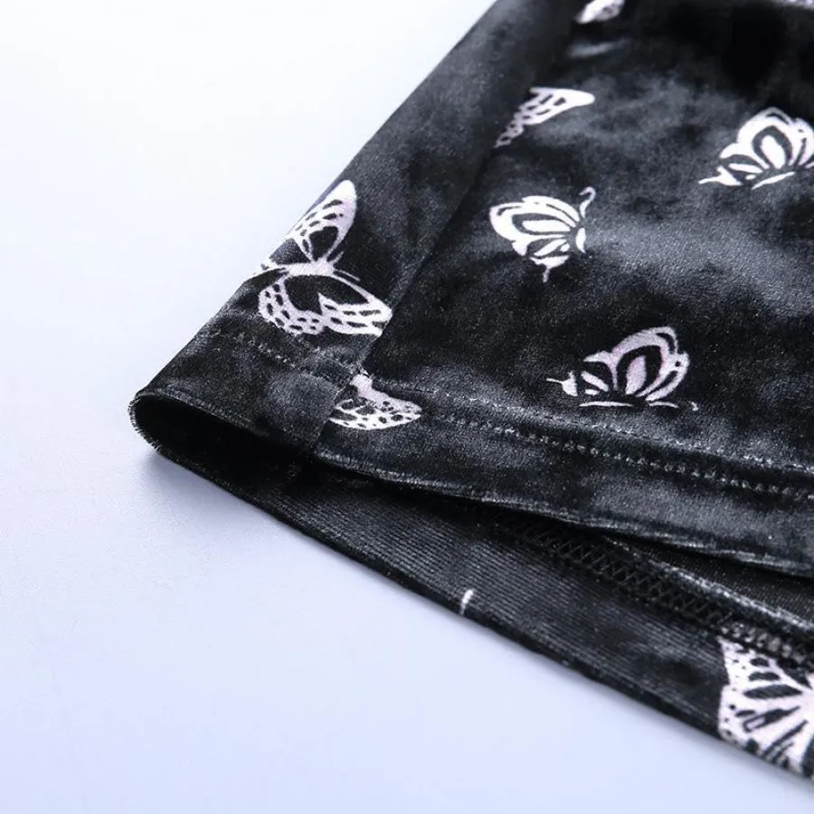Butterfly Print Split Velvet Slim Skirt J20013