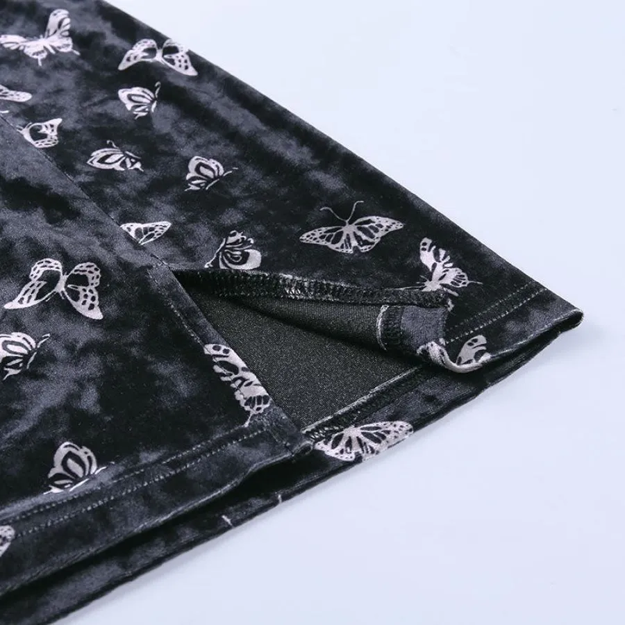Butterfly Print Split Velvet Slim Skirt J20013