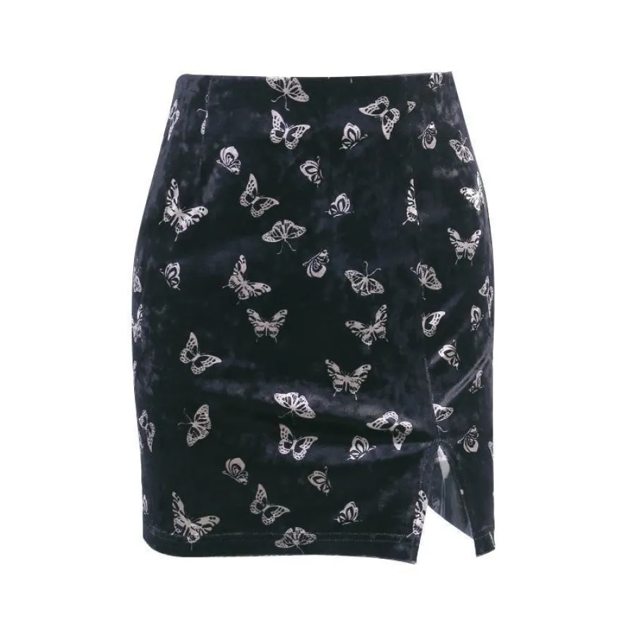 Butterfly Print Split Velvet Slim Skirt J20013