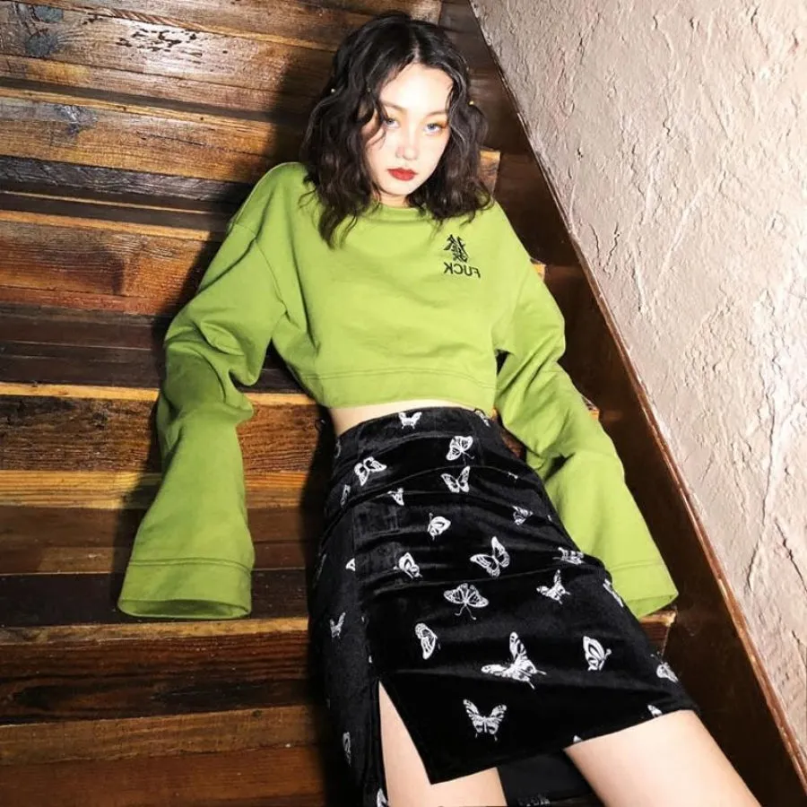 Butterfly Print Split Velvet Slim Skirt J20013
