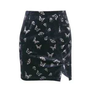 Butterfly Print Split Velvet Slim Skirt J20013
