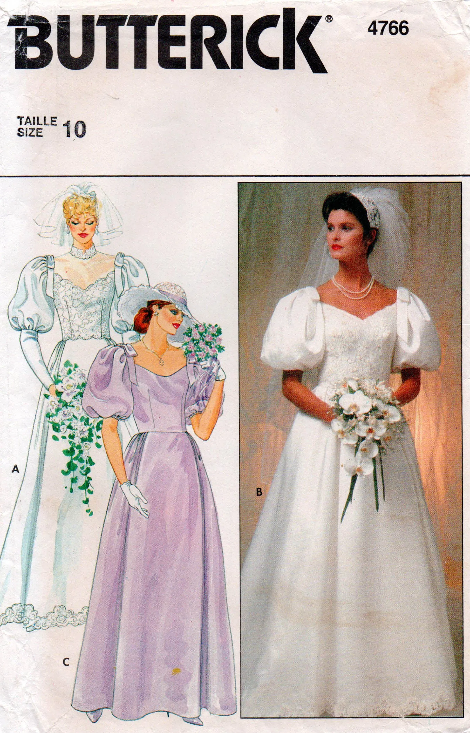Butterick 4766 Womens Puff Sleeved Wedding Dress with Optional Train 1980s Vintage Sewing Pattern Size 10 Bust 32.5 inches
