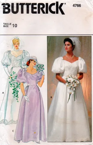 Butterick 4766 Womens Puff Sleeved Wedding Dress with Optional Train 1980s Vintage Sewing Pattern Size 10 Bust 32.5 inches