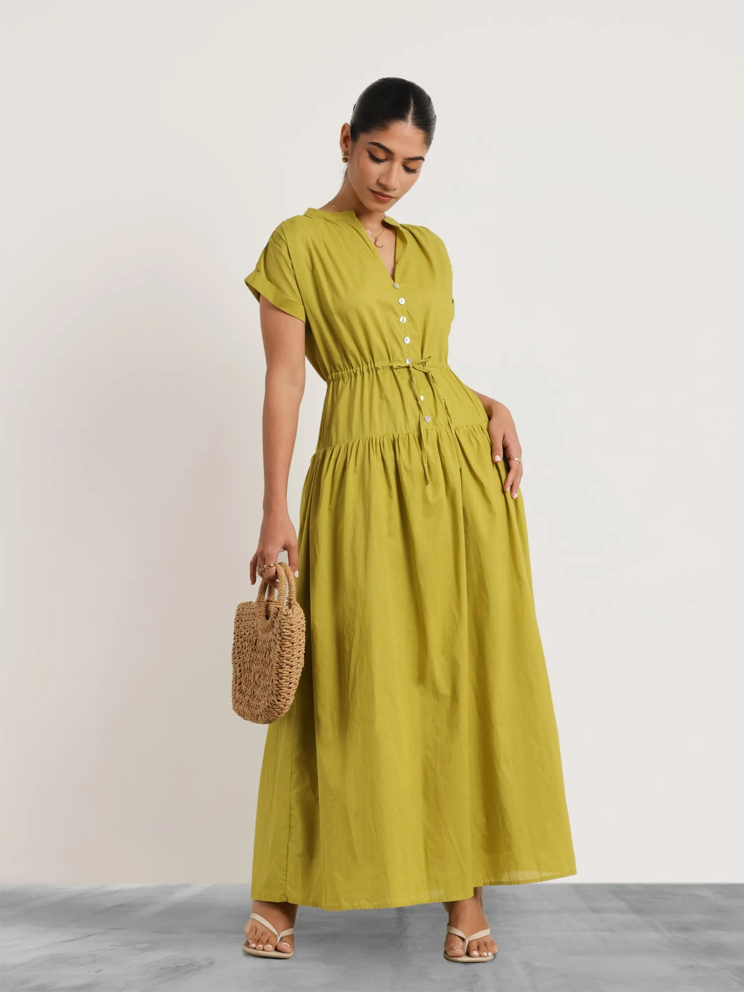 Button Down Waist Tie Up Detailed Maxi Dress