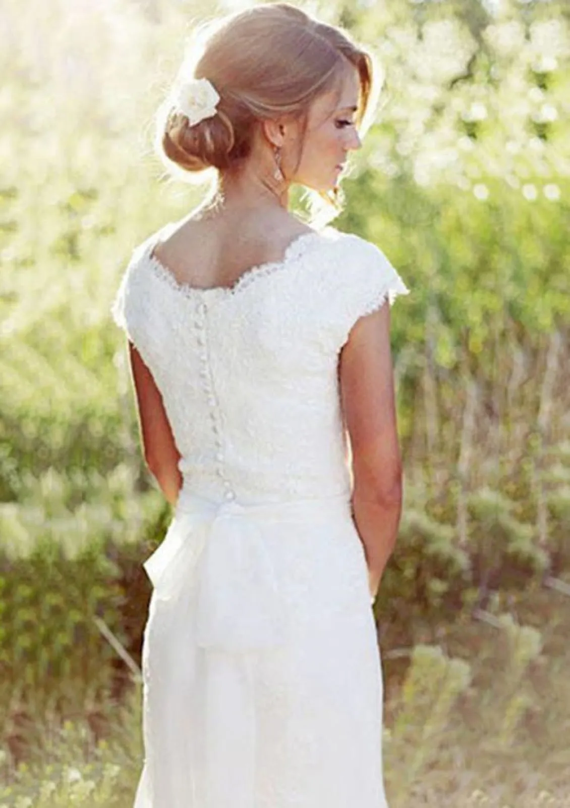 Cap Sleeve Mermaid Lace Chiffon Wedding Dress, Sash Buttons
