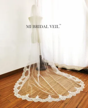 Cathedral Lace Wedding Veil, Eyelash Chantilly Lace at Fingertip, Mi Bridal