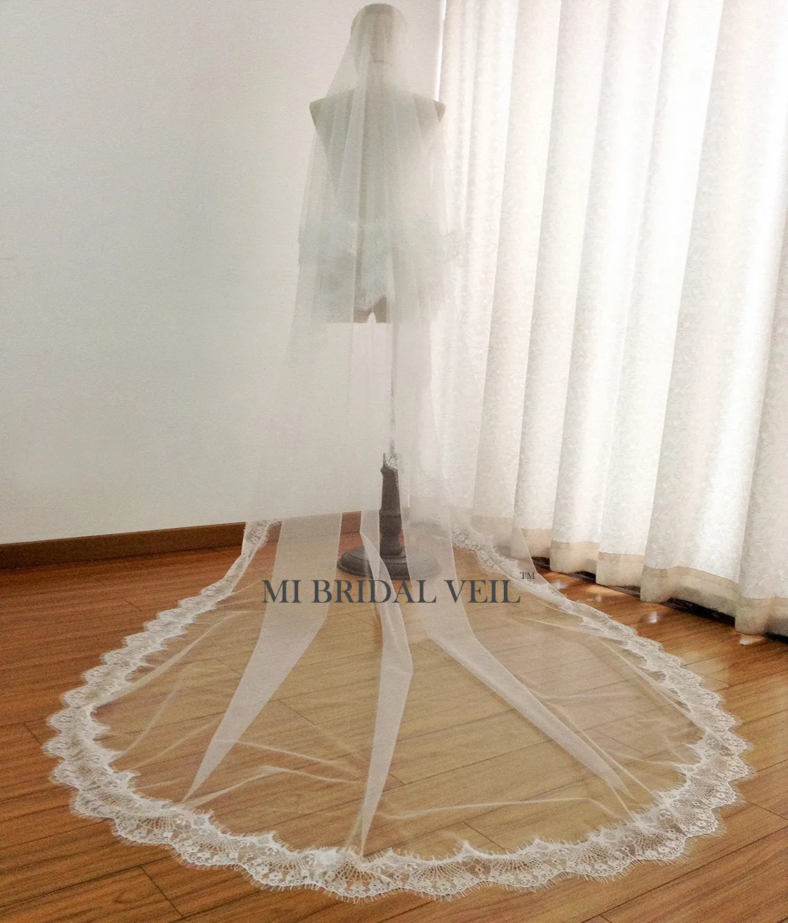 Cathedral Lace Wedding Veil, Eyelash Lace Veil with Blusher, Mi Bridal
