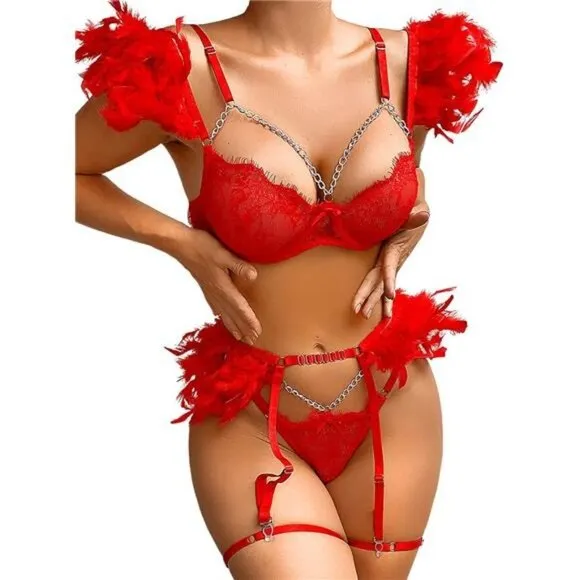 Chain Feather Lingerie, Eyelash Floral Lace, Underwire, Thong, 4 Pieces -Red