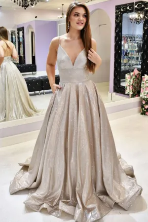Champagne v neck long prom dress champagne evening dress