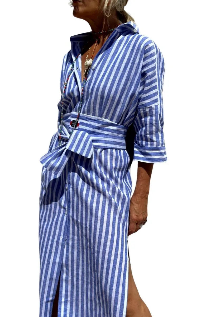 Chouyatou Womens 2025 Shirt Dress Casual Lapel 3/4 Sleeve Button Down Split Belted Vacation Maxi Dress