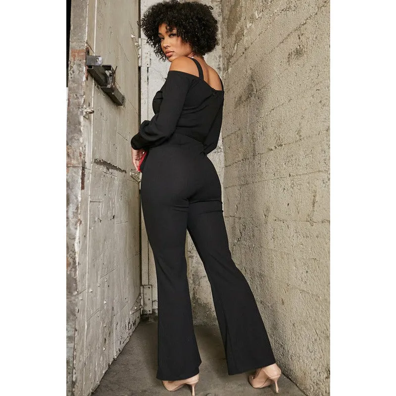 Cold Shoulder Surplice Jumpsuit - Black