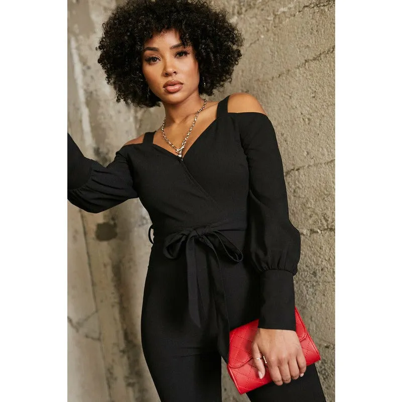 Cold Shoulder Surplice Jumpsuit - Black