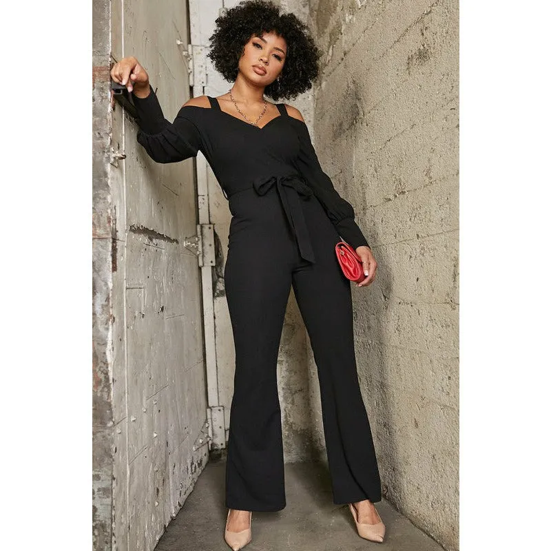 Cold Shoulder Surplice Jumpsuit - Black