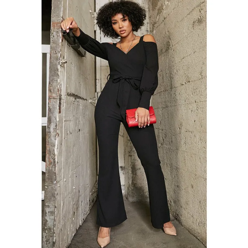 Cold Shoulder Surplice Jumpsuit - Black