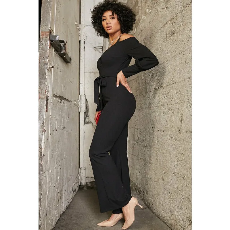 Cold Shoulder Surplice Jumpsuit - Black