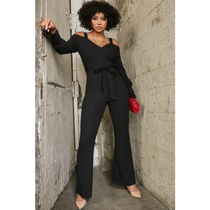 Cold Shoulder Surplice Jumpsuit - Black
