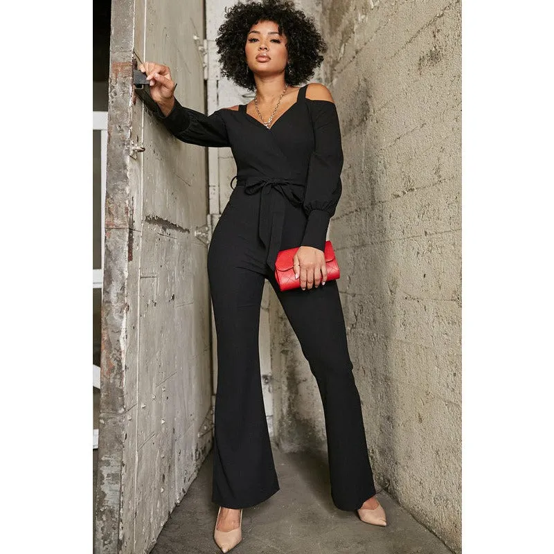 Cold Shoulder Surplice Jumpsuit - Black