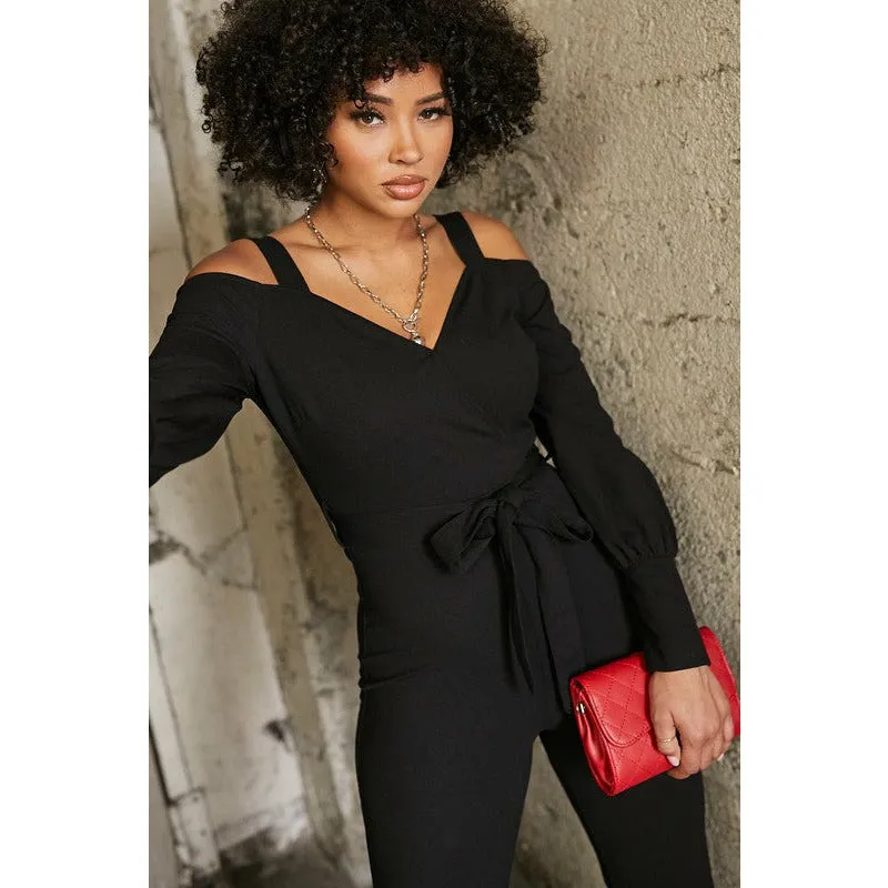 Cold Shoulder Surplice Jumpsuit - Black