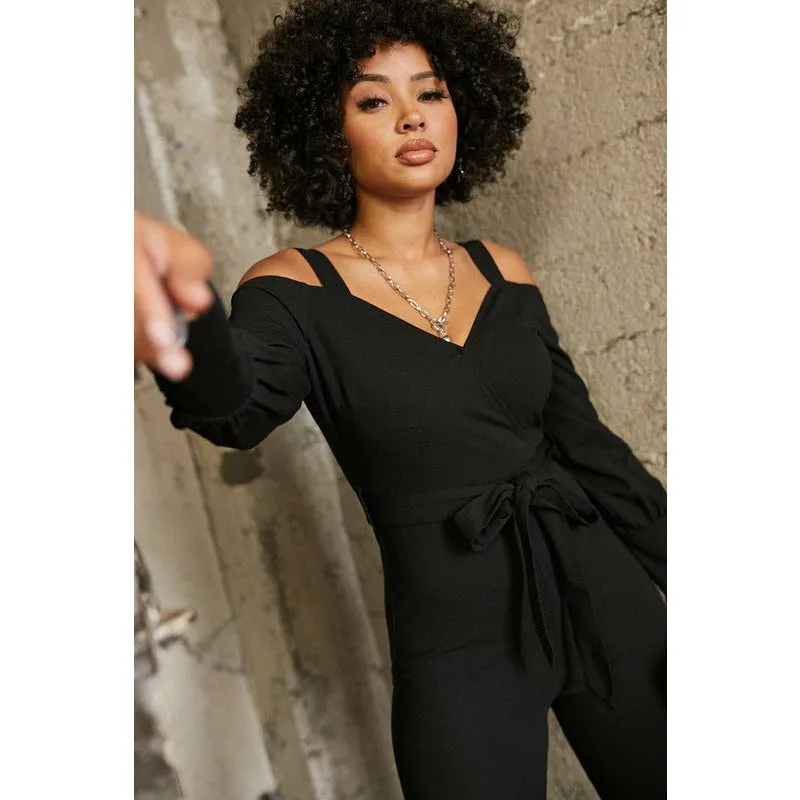 Cold Shoulder Surplice Jumpsuit - Black