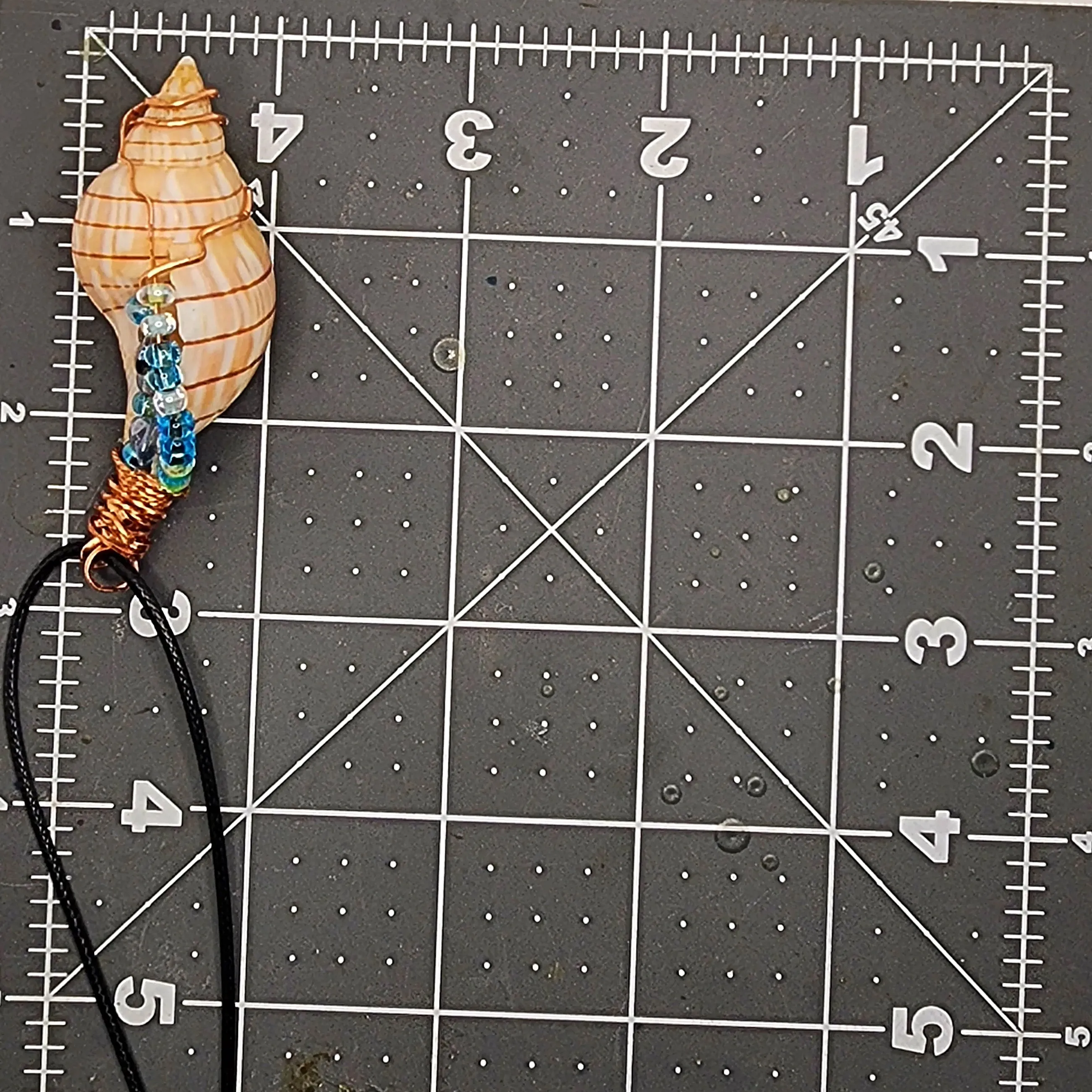 Copper Wrapped Banded Tulip Seashell  Handmade Pendant Blue-Green Color-Glass beads-Beach Boho