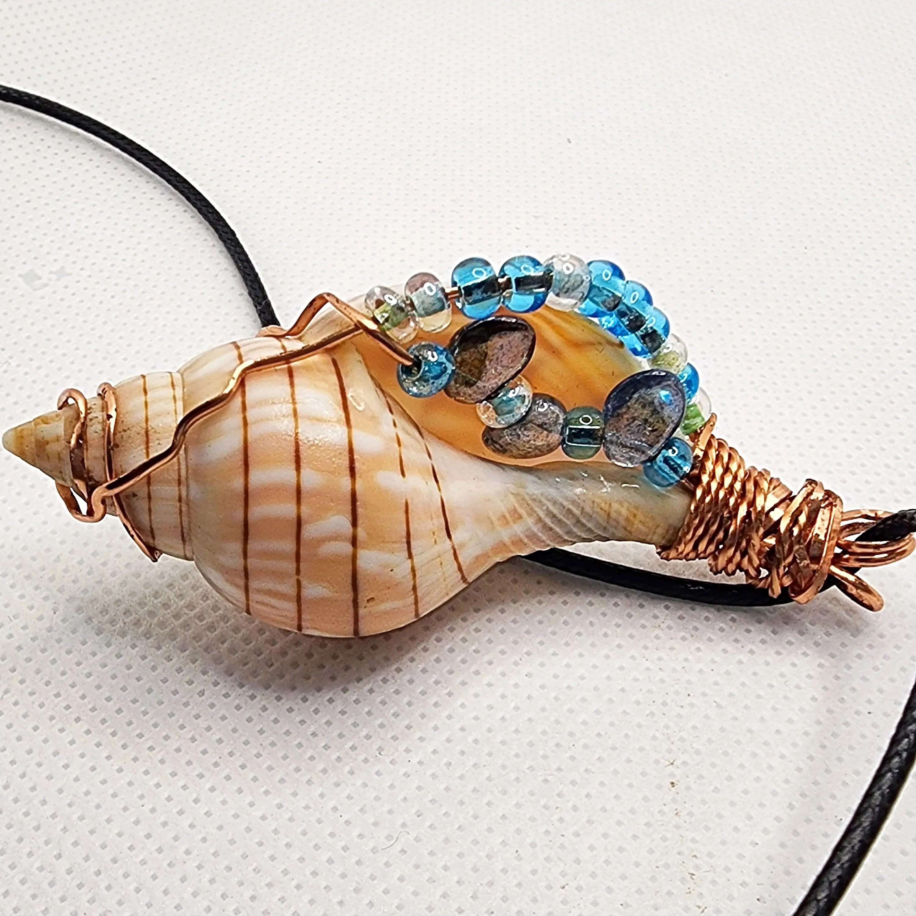 Copper Wrapped Banded Tulip Seashell  Handmade Pendant Blue-Green Color-Glass beads-Beach Boho