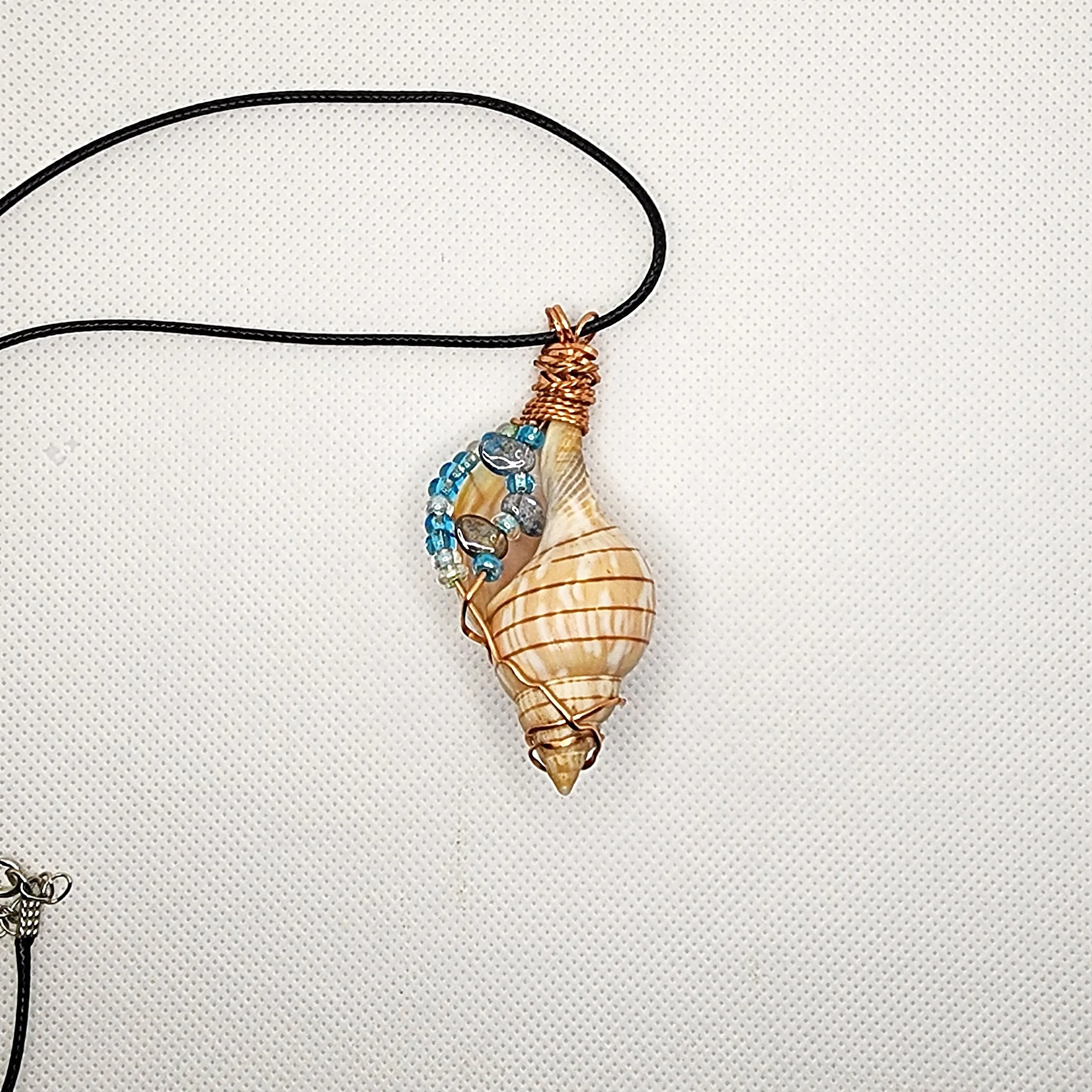Copper Wrapped Banded Tulip Seashell  Handmade Pendant Blue-Green Color-Glass beads-Beach Boho